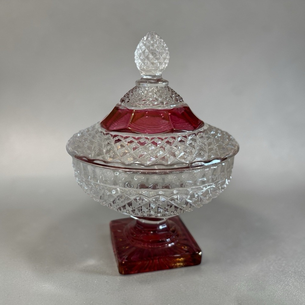 Vintage Indiana Glass Ruby Red Trim Pedestal Candy Trinket Dish Diamond Lid